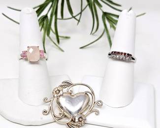  A Romantic Trio of Two Sterling Rings and a Sterling Heart Brooch/Pin - Rings Feature Garnets & Diamonds- Sz 7