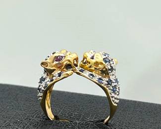  Vintage Panther Ring w/ Ruby Eyes, Diamonds, and Sapphires in 14k Gold- sz 5 - (5.2g)