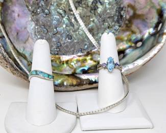 Set of Two Sterling Rings and Sterling Necklace - Fire Opal / Turquoise / Blue Topaz / Iolite - 15" Necklace