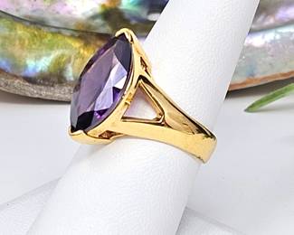  Solid Sterling Silver Ring That is Yellow Gold Plated with Large Faceted Amethyst (16.6mm x 9mm)- Ring Size 8