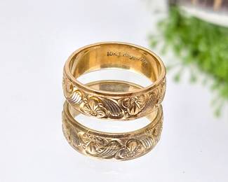 10k Yellow Gold Ornate Carved Band Ring 6mm Wide - Ring Size 6 - Total Weight 4.1g