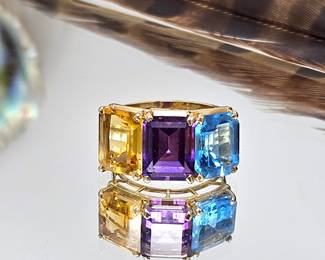 14k Yellow Gold Women's Ring Featuring Three Gems, Citrine, Amethyst and Blue Topaz in Baguette Cut - Ring Sz 6.75.&nbsp; Each gem measures 9.8mm Long.&nbsp; Total weight 5.8g