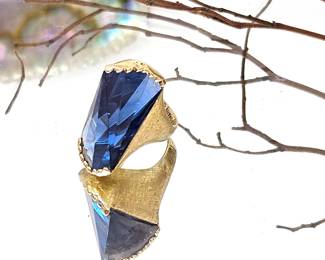 Amazing Hand Crafted 14k Yellow Gold Statement Ring with Florentine Finish & Large Fantasy Cut London Blue Topaz that measures 24mm long x 12mm wide.&nbsp; A gorgeous one of a kind piece!&nbsp;