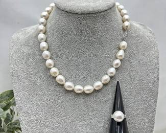 Striking White Cultured Freshwater 16" Pearl Necklace Paired with a Sterling Silver Pearl Ring -Sz. 7.5