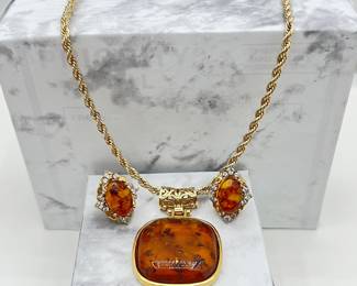 Earring and Pendant Set w/ Amber and14K Gold over Sterling Silver- 3pc. Set