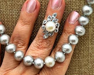 Platinum Color Cultured Freshwater 18" Pearl Necklace Paired with Glacier Blue Topaz and Pearl Ring- sz. 5.5