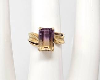 Solid 10k Yellow Gold Ring Holding a Unique Two Tone Ametrine Baguette Cut Stone 7.9 mm x 12 mm