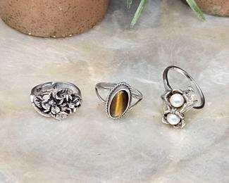 Set of Three Sterling Rings All Size 5 - One with Tiger Quartz and One with Two Pearls - Total Weight 10.9g