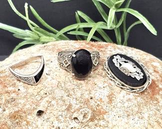 Set of Sterling and Onyx Pieces - Two Rings and a Vintage Brooch/Pin - Ring Sizes 6.5 & 8.5