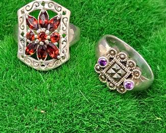 Two Lovely Ornate Sterling Silver Rings Each Size 8 - One with Several Red Garnets, The Other Amethyst & Pyrite