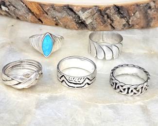 Set of Five Sterling Silver Rings Sizes 7 - 7.5. Unique Ornate Bands, One with Real Turquoise Inlay - tw 21.1g