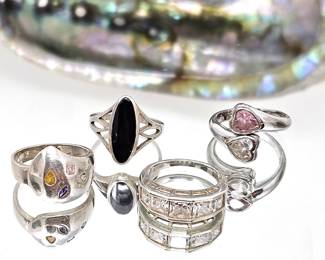 Set of Four Sterling Silver Women's Rings Sizes 6.5 - 7 - With Multi Colored Stones Including Onyx - tw 15.9g