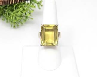  Large Citrine Statement Ring in Solid Sterling - Size 7 3/4 - Baguette Faceted Gem is 18.7mm x 14.5mm