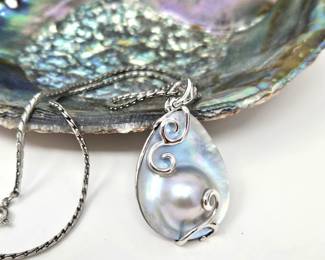 Beautiful Mabé (Blister) Pearl Pendant in a Sterling Silver Setting - 1 1/4" Tall Paired with 16" Silver Chain