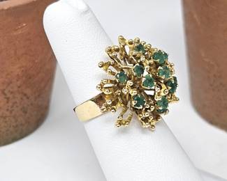 Vintage 14k Yellow Gold Women's Emerald Ring Size 5.5 in a Unique Tall Tree-Like Design (One Emerald Missing) 6.1g