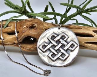 Solid Round Sterling Silver Medallion Pendant w/ Tibetan Eternal Knot - 1 1/2" Diameter - Weight 17.3g