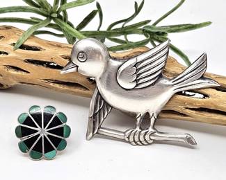 Vintage Zuni Inlay Sterling Ring w/ Black and Green Stones Plus Sterling Silver Bird Brooch 2 1/2" Long