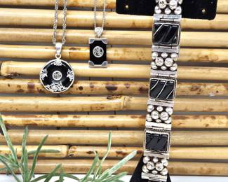 Set of Two 30" Sterling Necklaces Each With Onyx and Sterling Pendants Plus 7" Sterling & Onyx Panel Bracelet