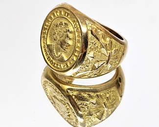 18k GOLD PLATED Heavy Brass Men's Signet Ring - Queen Elizabeth Coin Ring Size 11.5 - Total weight 28.4g