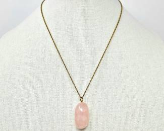 Large Polished Pink Quartz Pendant on 14k Gold Plated Necklace - Pendant is 1.25" Long x 1/2" Wide
