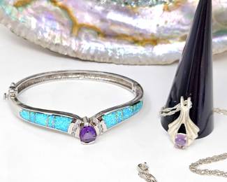  Stunning Sterling Women's Bracelet w/ Fire Opal and Amethyst Center Stone plus Sterling /Amethyst Pendant