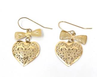 Pair of Delicate 14k Yellow Gold Earrings - Little Filigree Hearts with a Bow - 1.4g