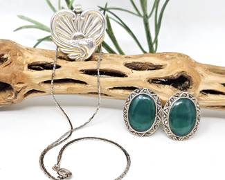 Solid Sterling Religious Heart Pendant with Verse on Back Plus Pair of Green Stone Set in Sterling Earrings