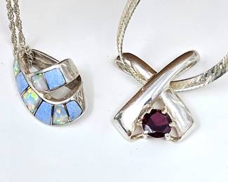 Set of Two Sterling Pendants on Sterling Necklaces - One with a Garnet, the Other with Fire Opals