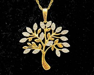 -Tree Pendant w/ White Diamonds - 14K Gold over Sterling Silver & 18" Chain