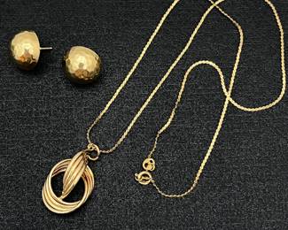 - 14K Yellow Gold Pendant w/ 18" Chain and Hammered Earrings