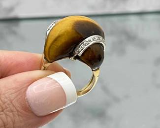Extraordinary 1970's Cocktail Ring in Solid 14K Gold w/ Large Tigers Eye and Diamond Gemstones-Sz. 8- w/ Earrings