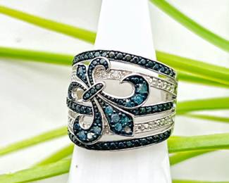 Fleur De Lis Color Enhanced Pave Diamond Statement Ring in Sterling Silver sz. 5.5