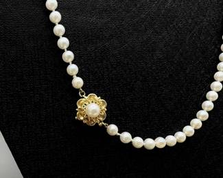 Lovely 16" Cultured Pearl Necklace with 14k Yellow Gold Decorative Clasp - Knotted Between 5.2mm Pearls