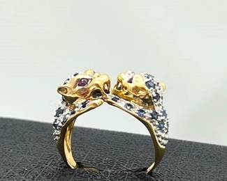 Vintage Panther Ring w/ Ruby Eyes, Diamonds, and Sapphires in 14k Gold- sz 5 - (5.2g)