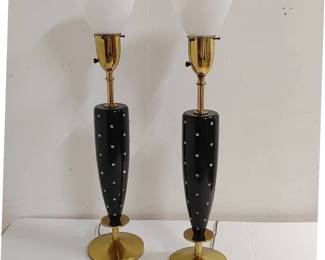 Rhinestone Studded Black Lacquered Wood & Brass Table Lamps