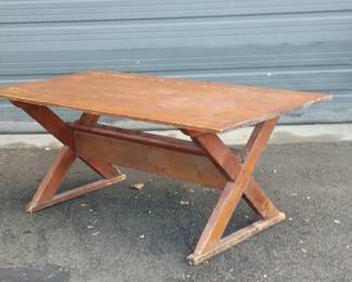 American Country Pine Sawbuck Table  Circa 1940 Original Old Color