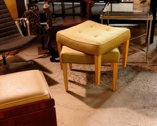 1940's Regency Style Tufted Chartreuse Cotton Stools