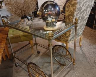 Brushed Steel & Brass Bar Cart - Style of Maison Jansen Circa 1960