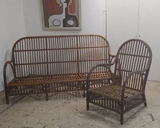 Antique Stick Wicker Settee & Matching Chair Circa 1930