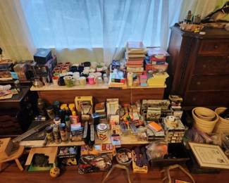 Office supplies, antique dresser, pottery 