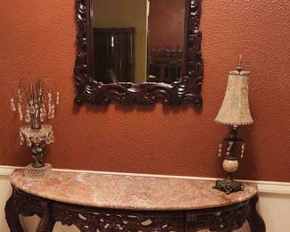 Mirror, entry table and lamps