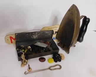 Vintage Button Hook, Buttons & Iron