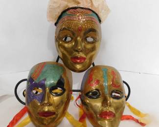 Vintage Solid Brass Indian Masks. (3)