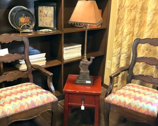 Matching chairs; camel lamp