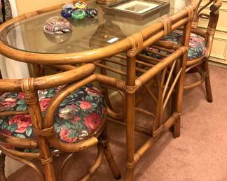 Small bamboo oval table and two chairs