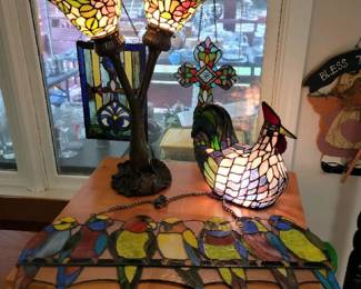 Tiffany Style Rooster-Stained Glass Lamp & Misc Stained Glass Decorations
