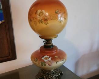Vintage Western Style Globe Hurricane Ornate Orange Lamp Hand Painted