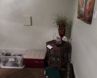 wicker  table  and  misc  Christmas  in  boxes