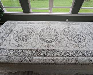 23.)  Linen Lace Canopy.  Cut work with reticilla lace, Cluny bobbin lace, tape laces. Embroidery on Swiss Batise.  Scalloped edges.  A few stains.  Needs minor repair. $625.00  Sale:  $468.00