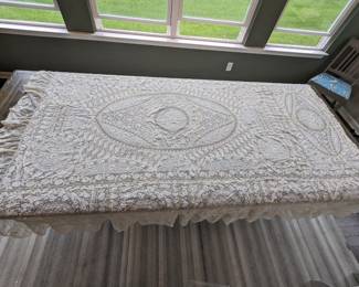 19.)  Edwardian Normandy Lace Bedspread.  Made in France label.  Some discoloration. Machine Lace.    92" x 96"  $425.00  Sale:  $340.00

